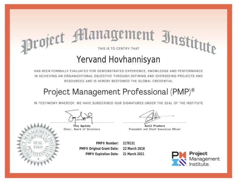 PMP Certificate — Yervand Hovhannisyan